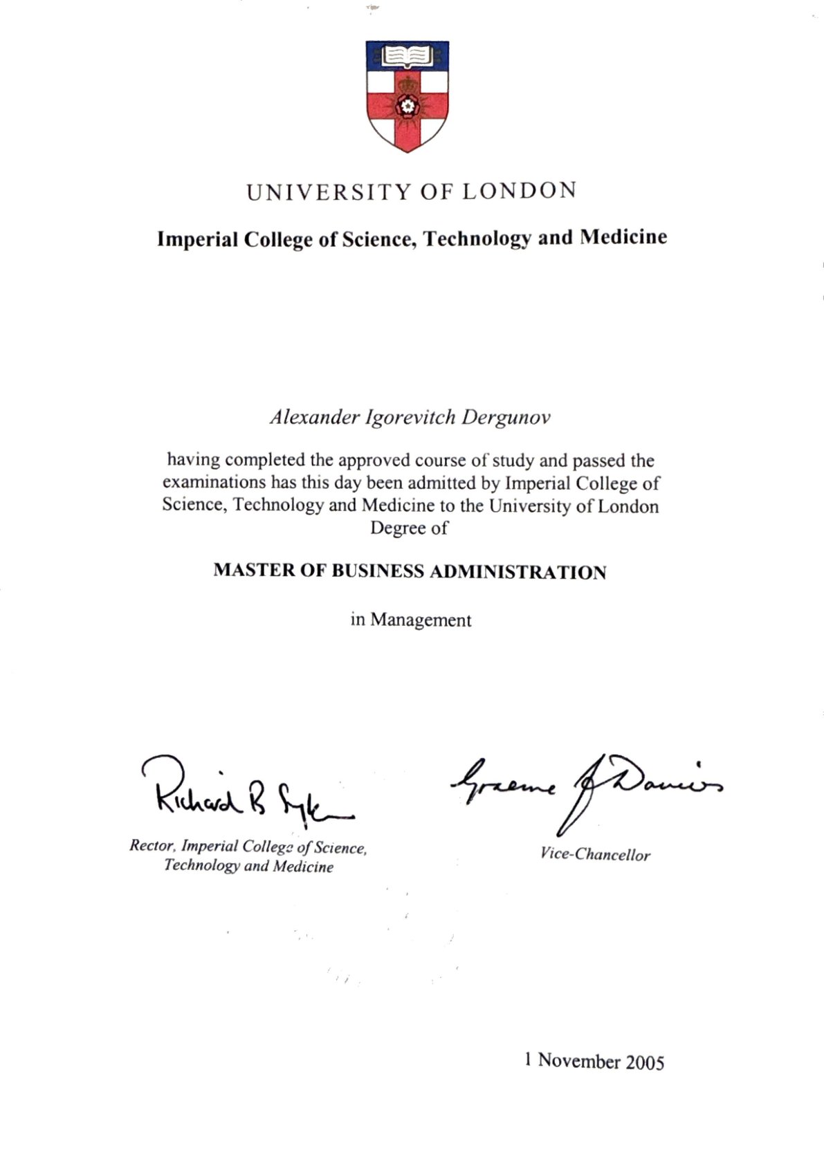 Imperial College of Science, Technology and Medicine / University of London MBA diploma, dated 1 November 2005, naming Alexander Igorevitch Dergunov — proof of the MBA credential and the Imperial College attribution.
