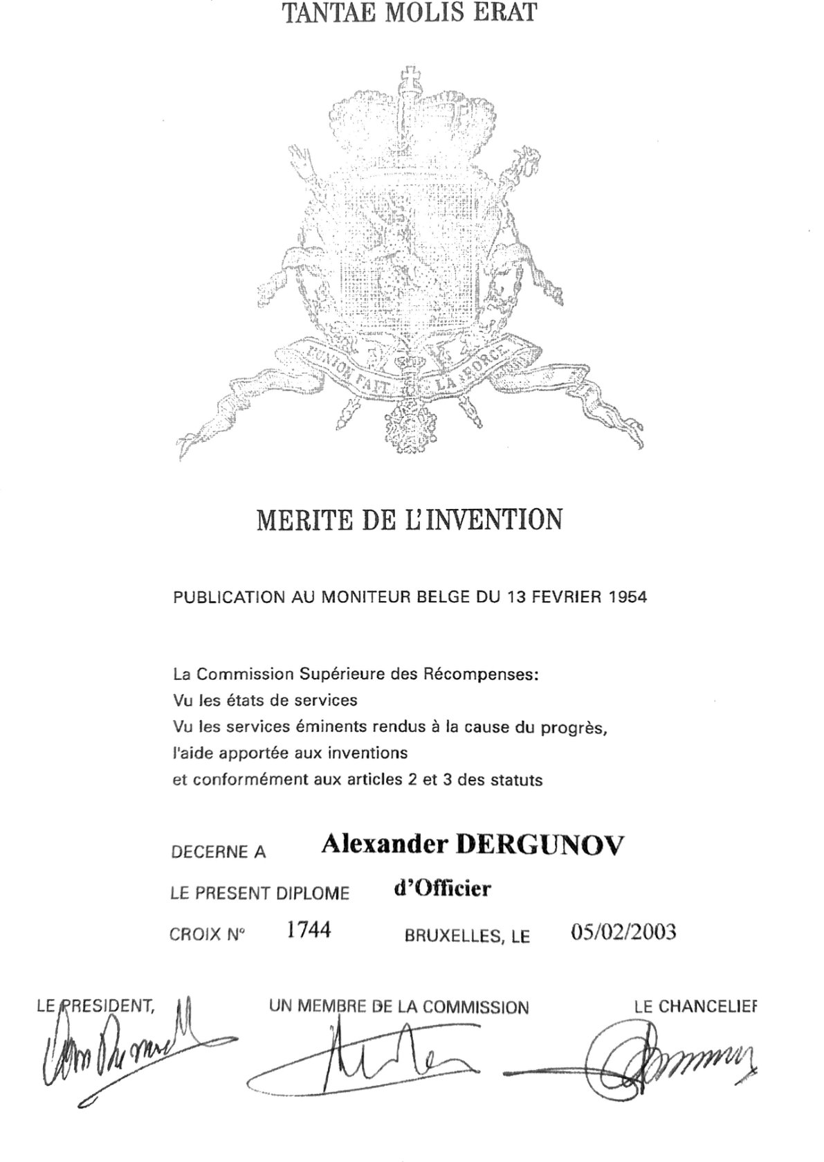 Mérite de l'Invention, Officer's Diploma, Croix n° 1744, Brussels, 5 February 2003, awarded to Alexander Dergunov — proof of the Belgian inventor's distinction for the information-input work.