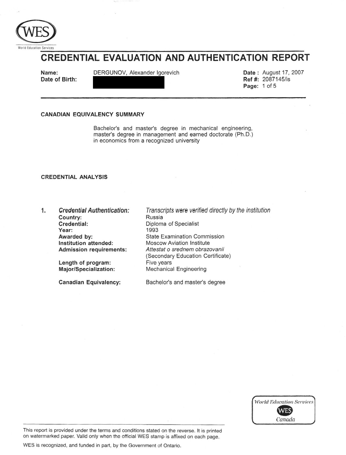 WES Credential Evaluation and Authentication Report, page 1 of 5, date of birth redacted — proof of the Canadian equivalency summary.