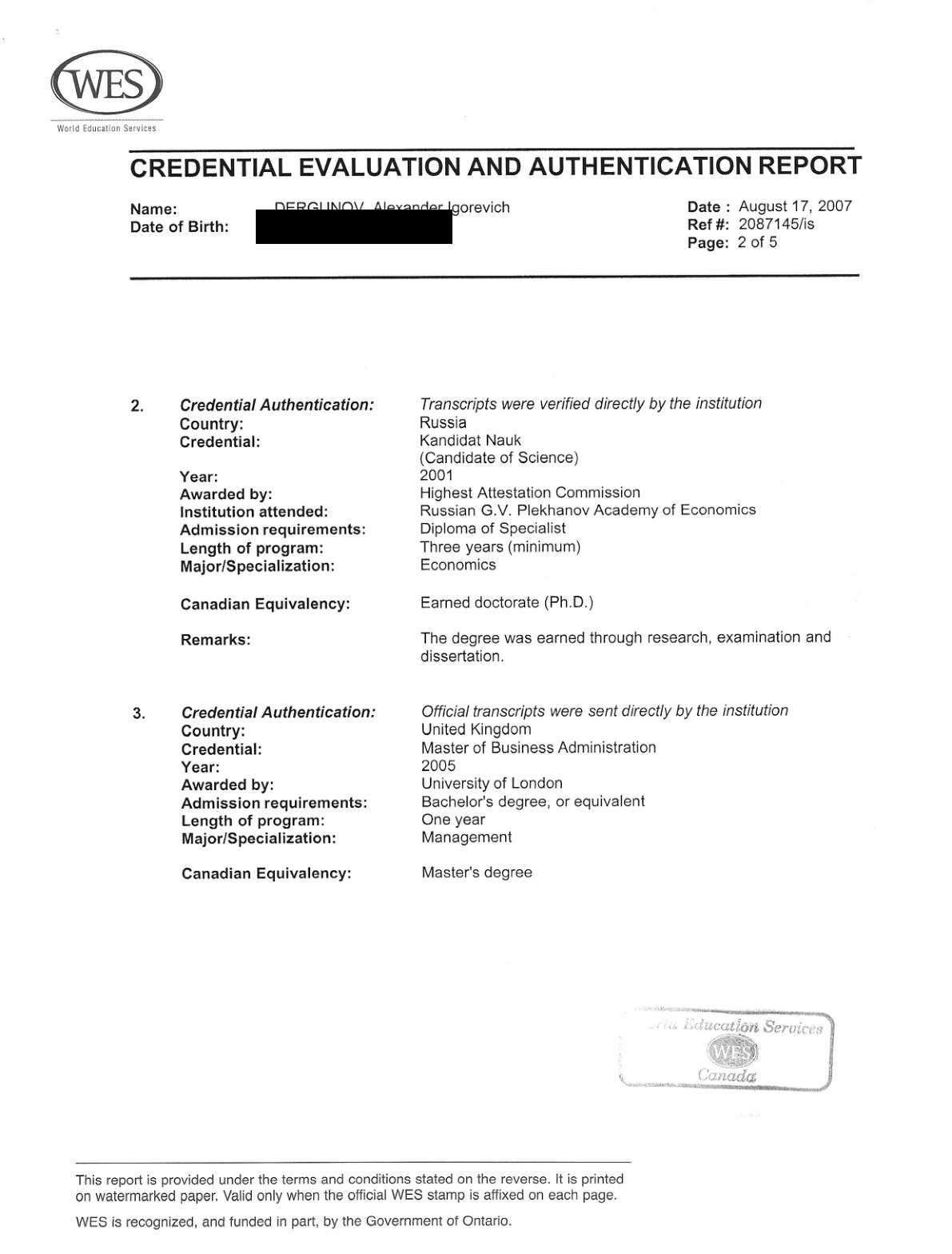 WES Credential Evaluation and Authentication Report, page 2 of 5, date of birth redacted — proof of credential-by-credential authentication.