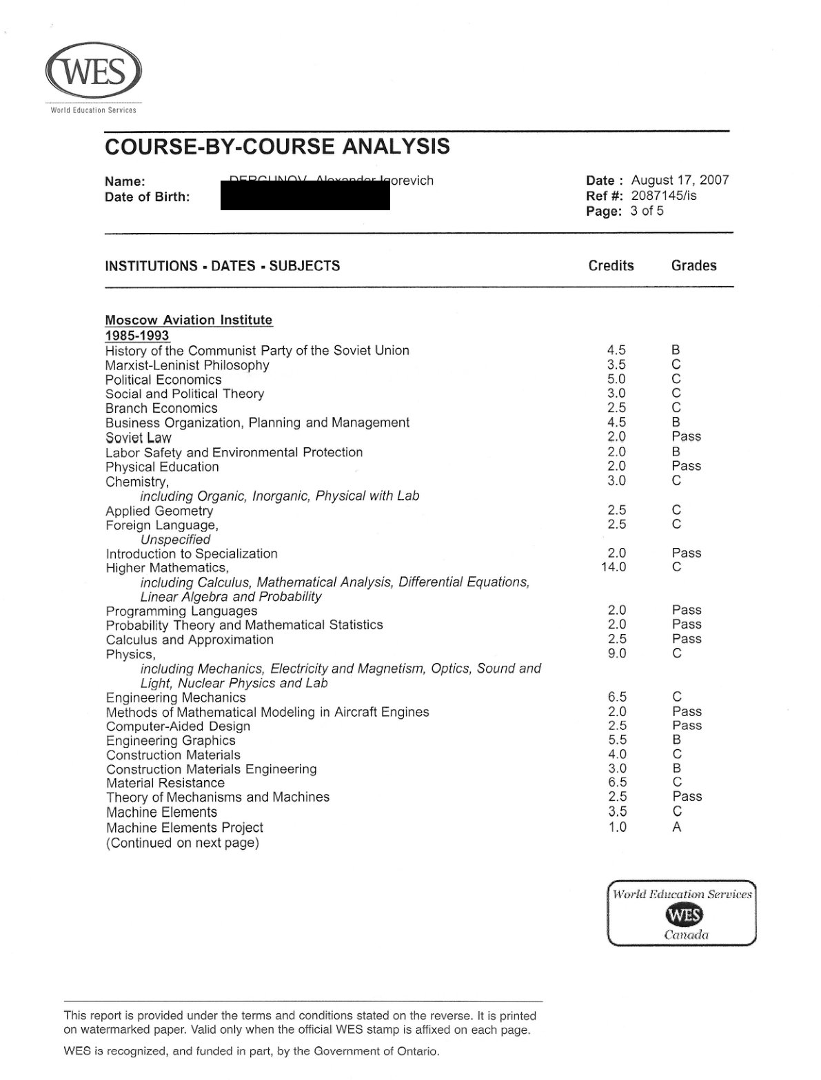 WES Credential Evaluation and Authentication Report, page 3 of 5, date of birth redacted — proof of the course-by-course transcript.