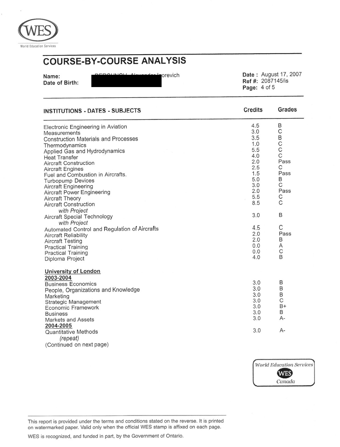WES Credential Evaluation and Authentication Report, page 4 of 5, date of birth redacted — proof of the course-by-course transcript.