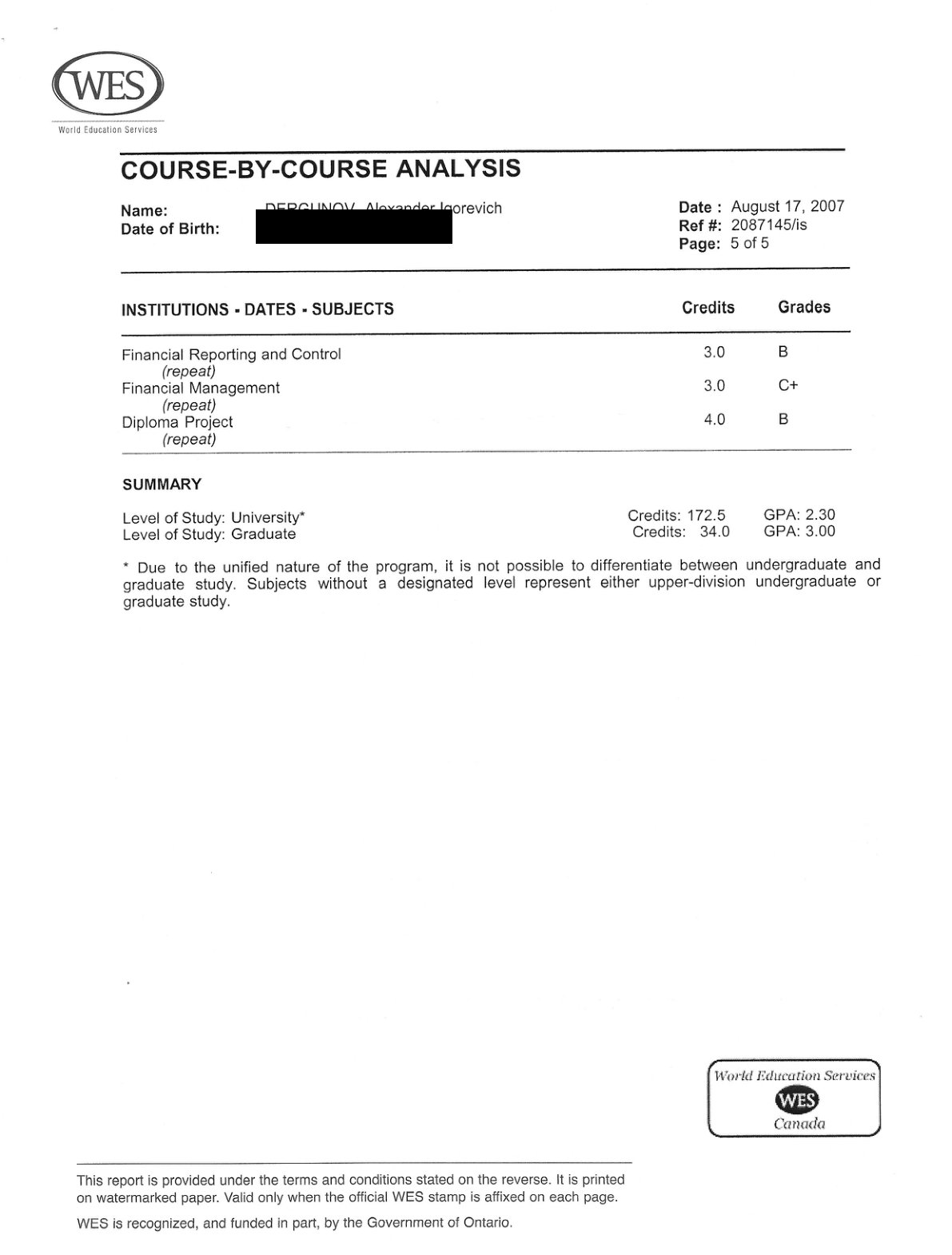 WES Credential Evaluation and Authentication Report, page 5 of 5, date of birth redacted — proof of the GPA summary.