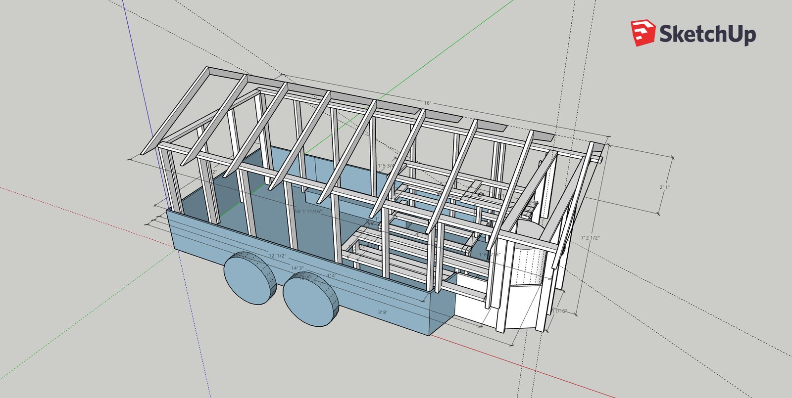 Dimensioned SketchUp CAD model of the trailer-mounted mobile sauna frame.
