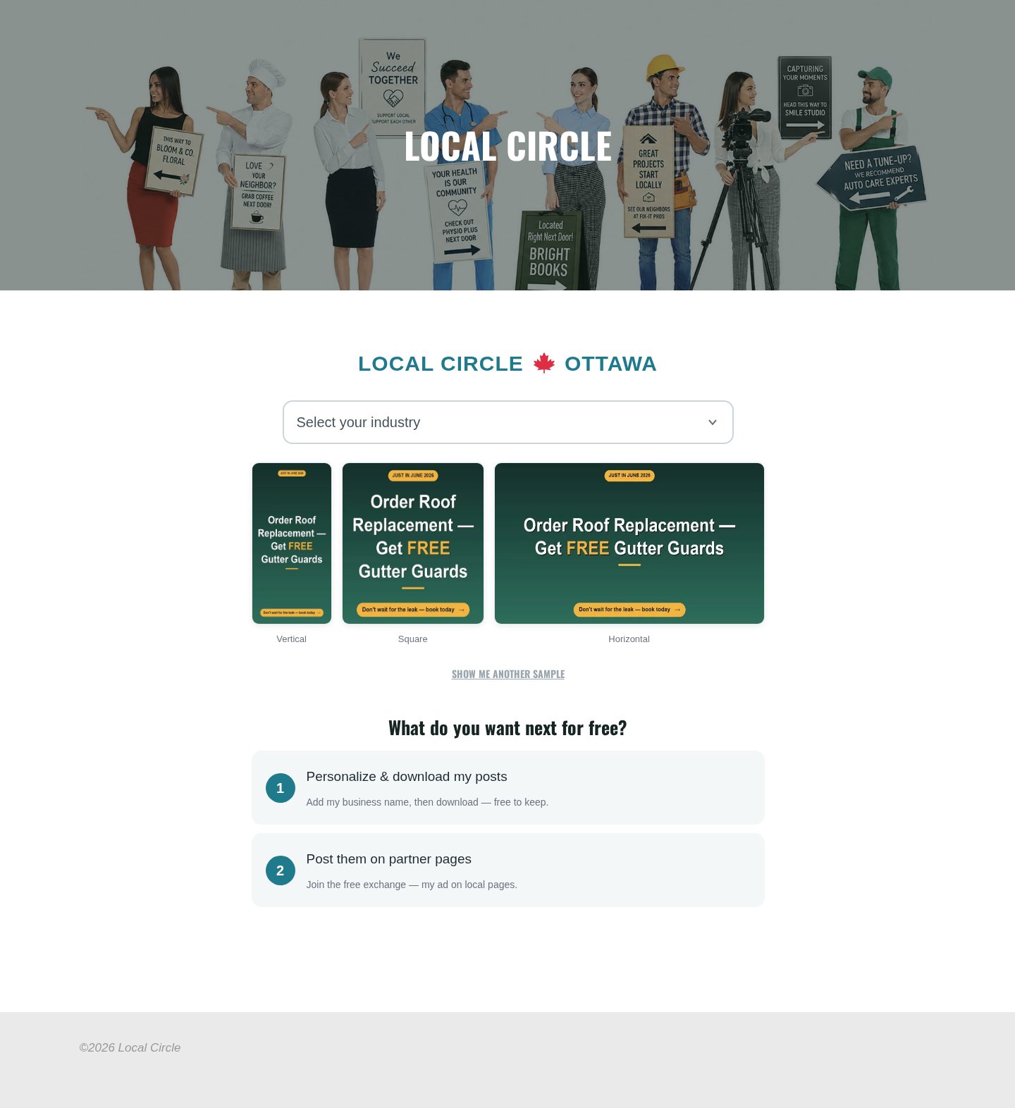 The live localcircle.ca homepage: niche picker with auto-generated sample ads.