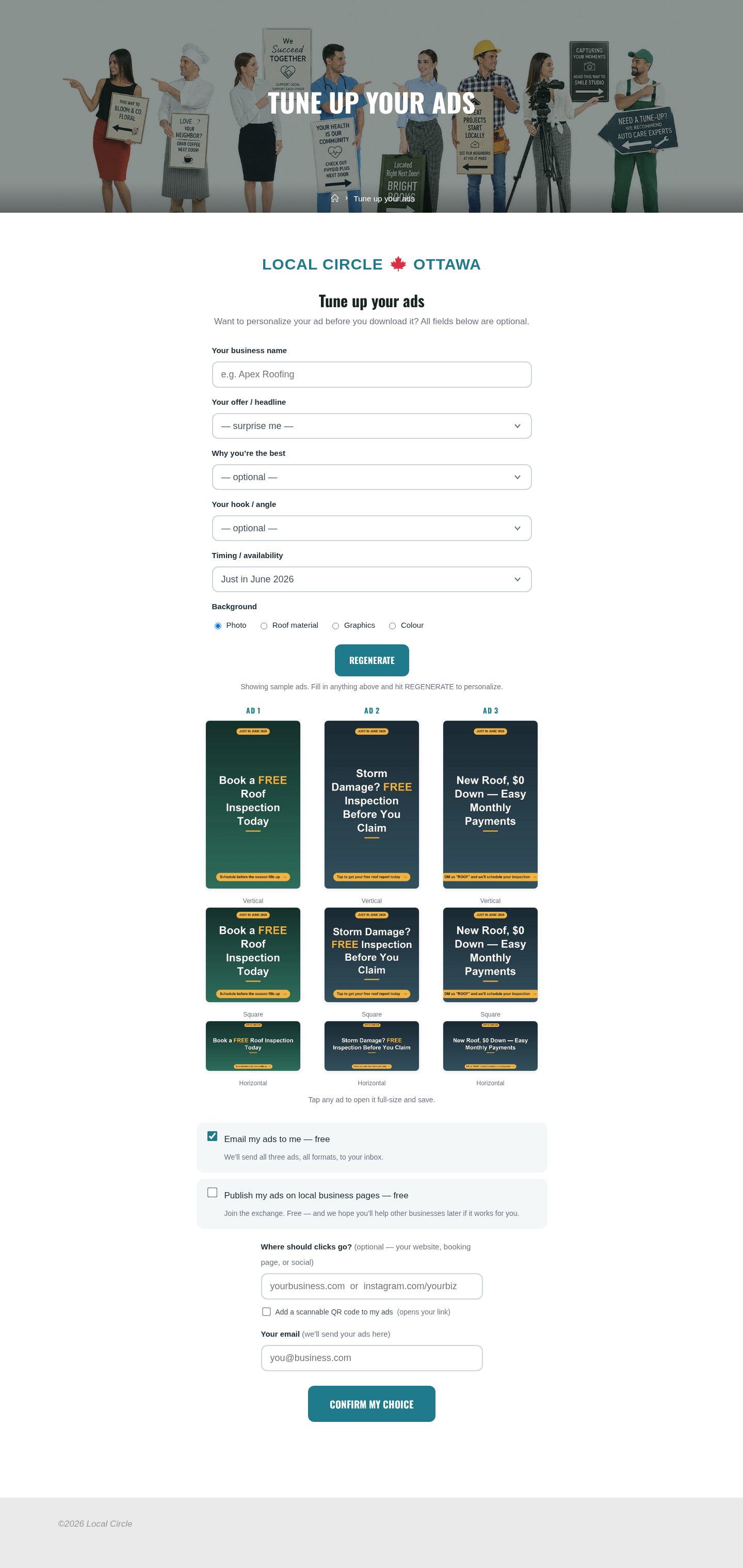 The ad-personalization flow — /tune-up/ — where a business customizes and downloads its free ads.