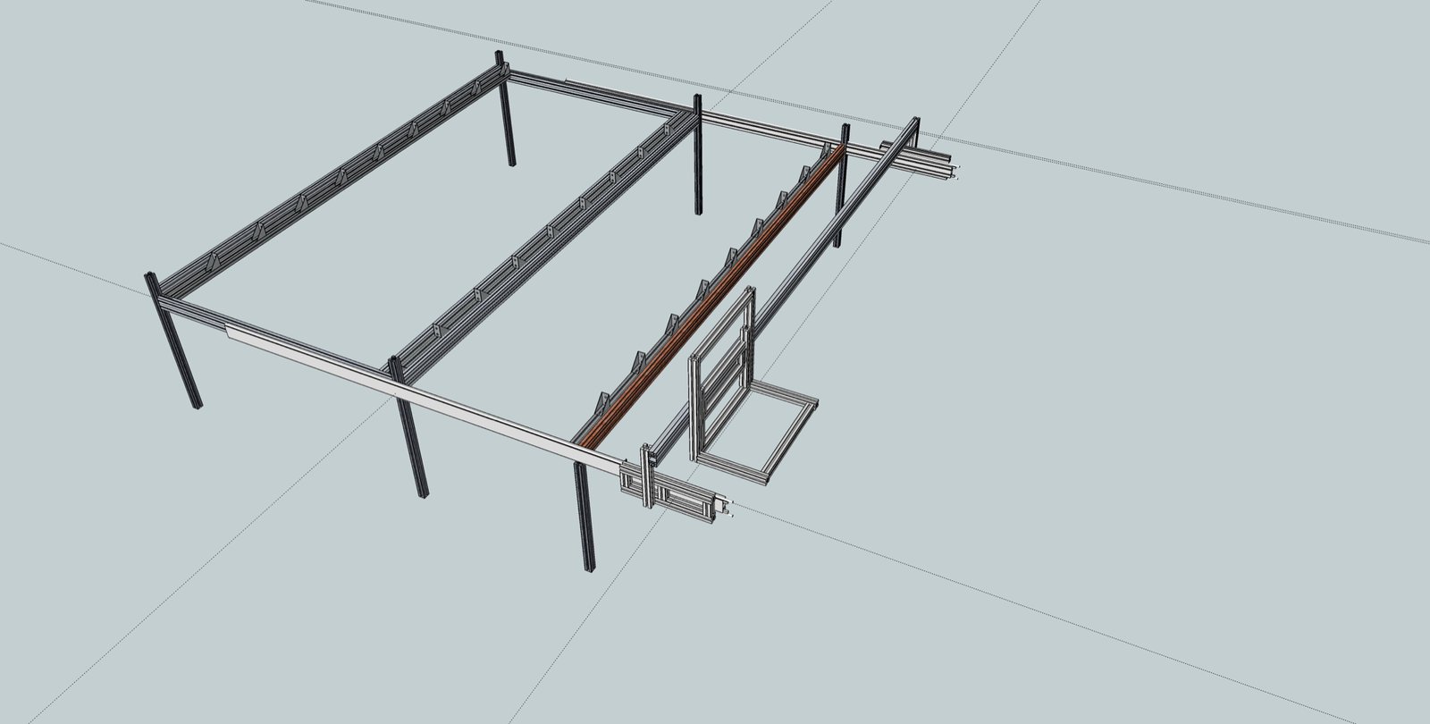 3D CAD assembly of the Framing Table, showing the extrusion frame, central slider rail and tool carriage.