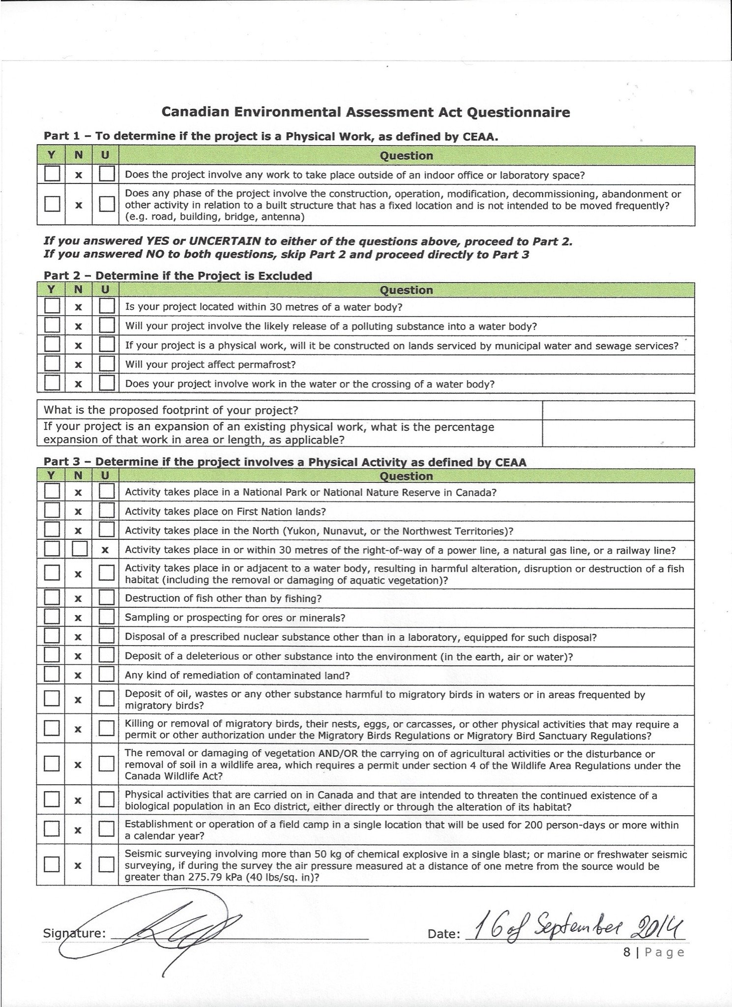 The signed CEAA environmental-assessment questionnaire, dated 16 September 2014.
