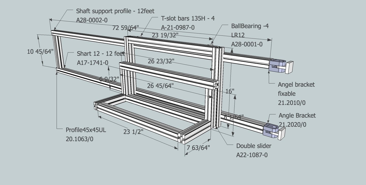 Dimensioned CAD drawing of the tool-carriage sub-assembly — profiles, ball bearings and brackets specified to the part number.