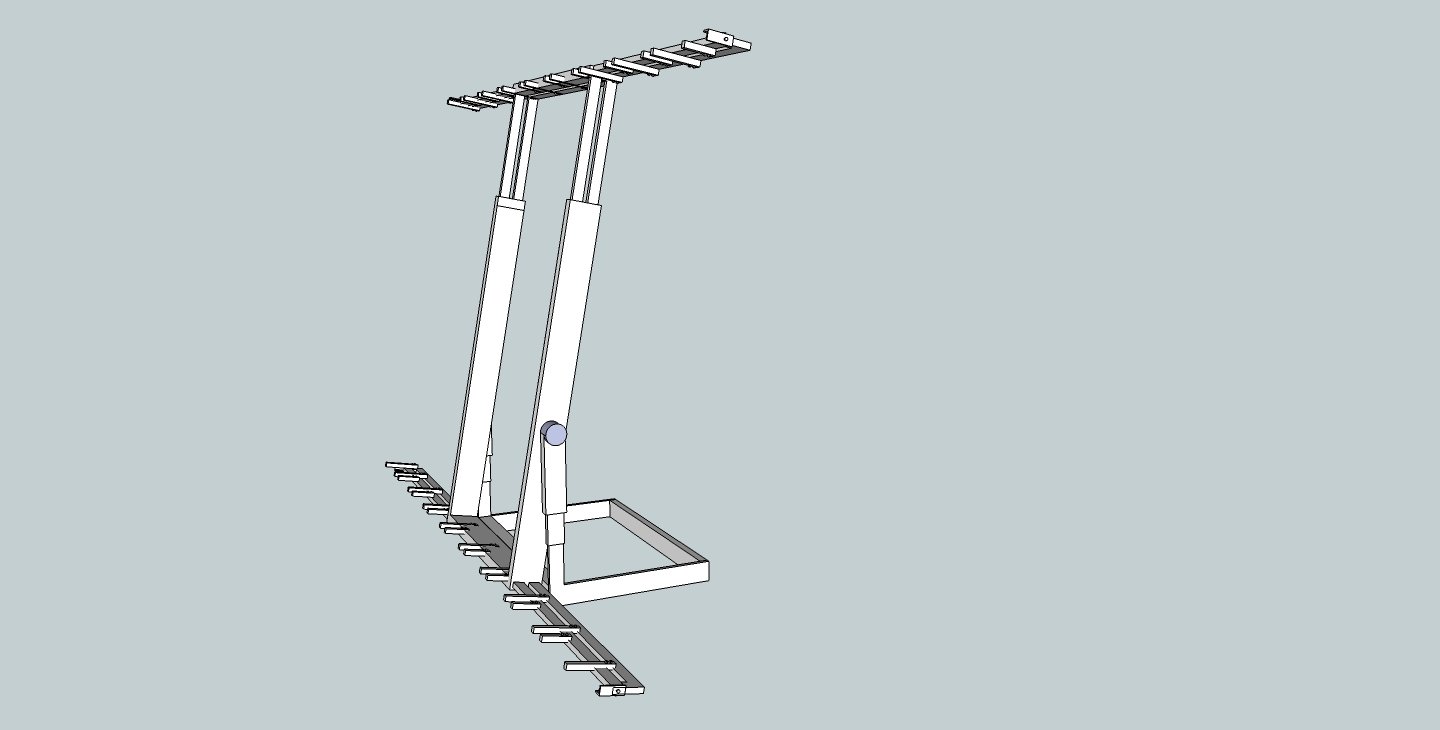 CAD render of the wall-lift mechanism — the table tilts a fully framed wall section upright once it is built flat.